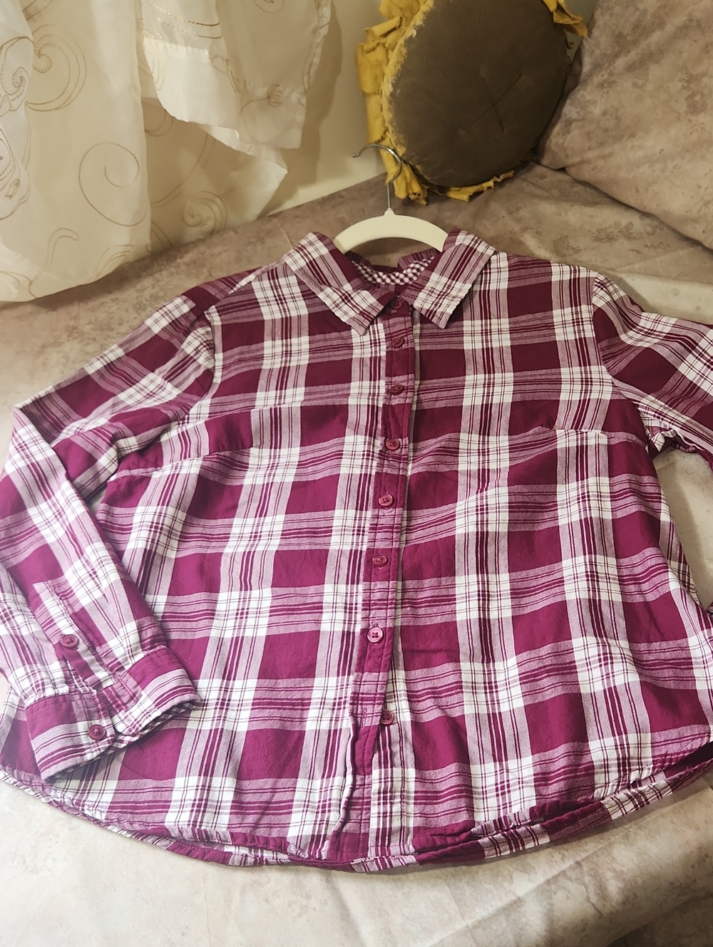 Appleseed's Burgundy & White Plaid Button-Up Blouse